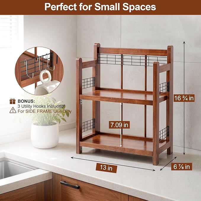 No-Assembly Coffee Bar Organizer, 2-Tier Coffee Station Shelf | Foldable Oak - Image 4