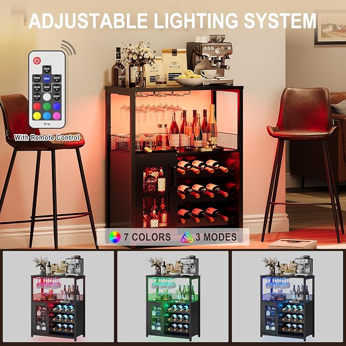Jojoka LED Lighted 3-Tier Wine Bar Cabinet, Freestanding Sideboard Buffet - Image 3