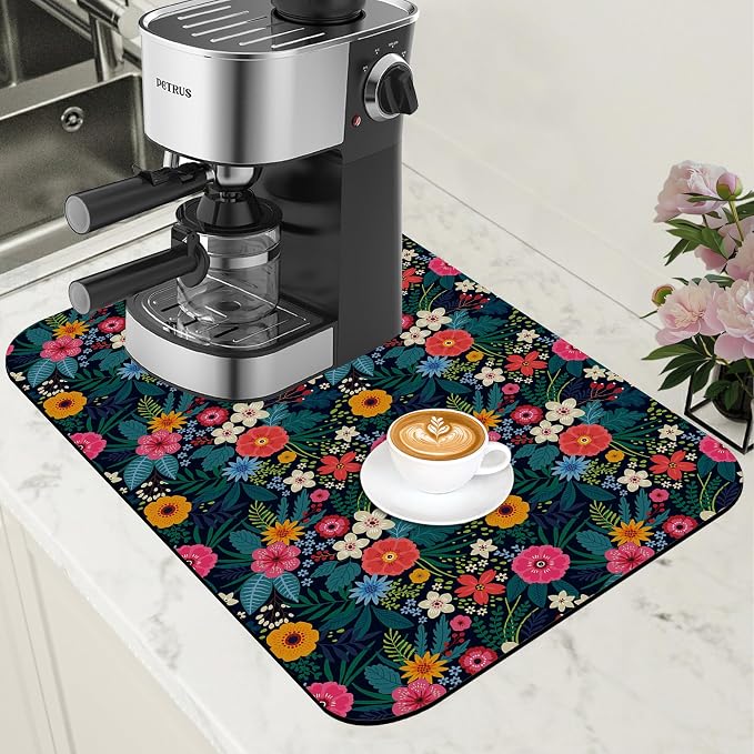 Dish Drying Mat Colorful Flowers and Leaves Coffee Bar Mat by Unknown