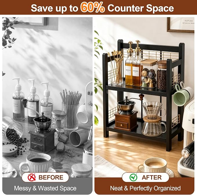 No-Assembly Coffee Bar Organizer, 2-Tier Coffee Station Shelf | Foldable Oak - Image 5