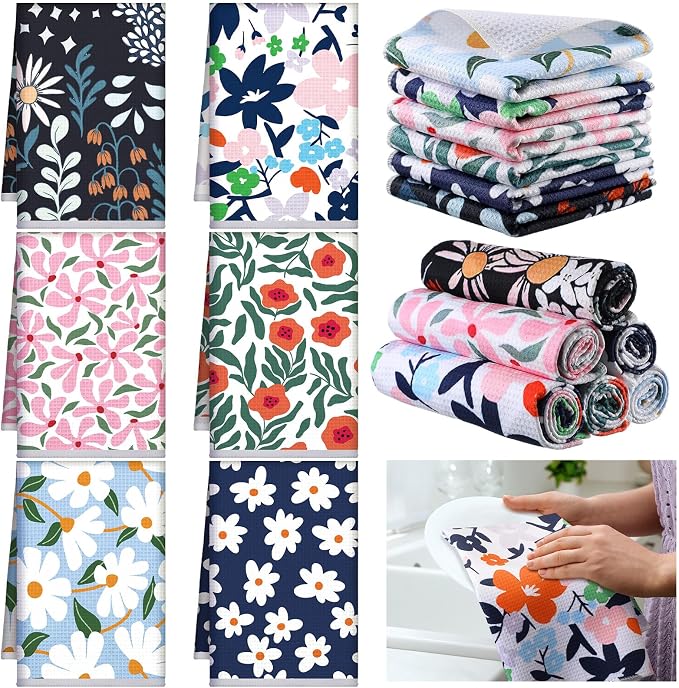 Boyiee Set of 6 Spring Waffle Kitchen Towels Floral Waffle Weave Tea Dish by Boyiee