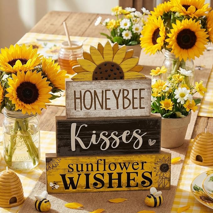 Lineshading 4 Pcs Summer Table Decor Wooden Sunflower Tiered Tray Decor Rustic - Image 5