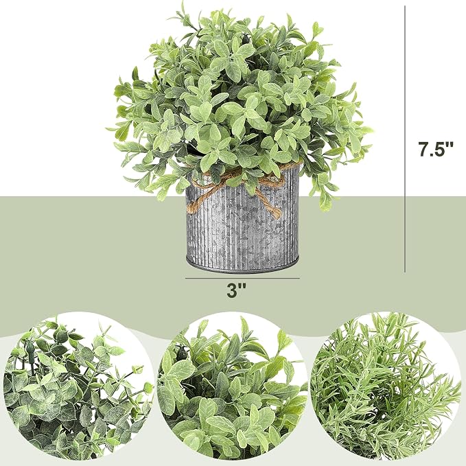 Mkono Small Fake Plants in Farmhouse Galvanized Metal Pots 3 Pack Potted - Image 4