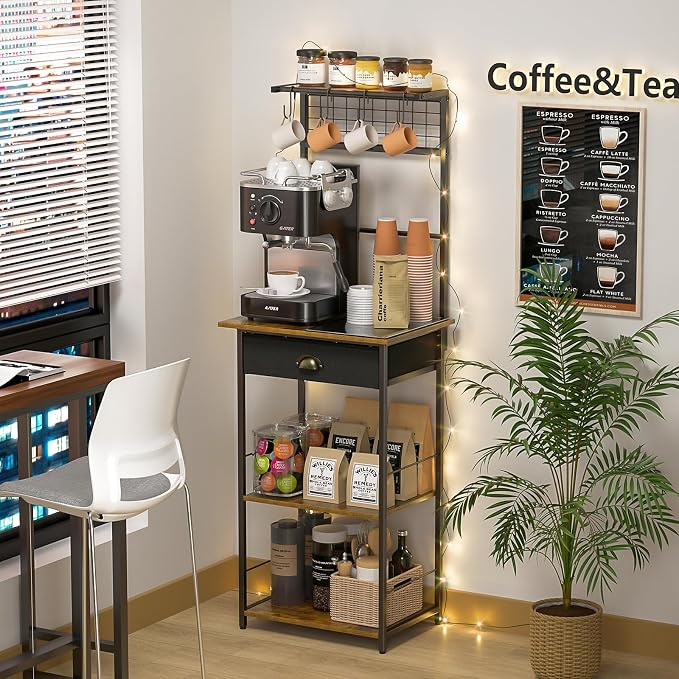 5 Tier Coffee Bar Station with Drawer, Kitchen Stand with 4 S-Shaped Hooks - Image 7