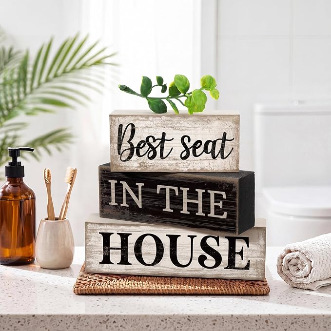 Moucuny 4 Pcs Bathroom Shelf Decor Signs Farmhouse Best Seat in the House - Image 2