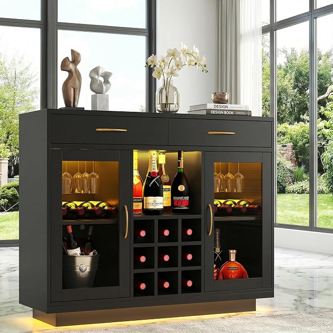 knoworld Wine Bar Cabinet with LED Lights, Coffee Bar Cabinet with Glass Rack - Image 8