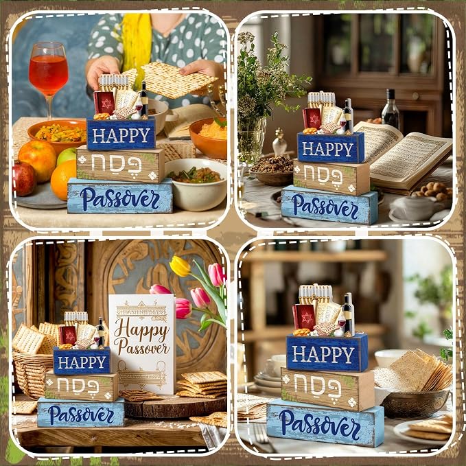 Lineshading 4 Pcs Happy Passover Table Decorations Wooden Menorah Table - Image 6