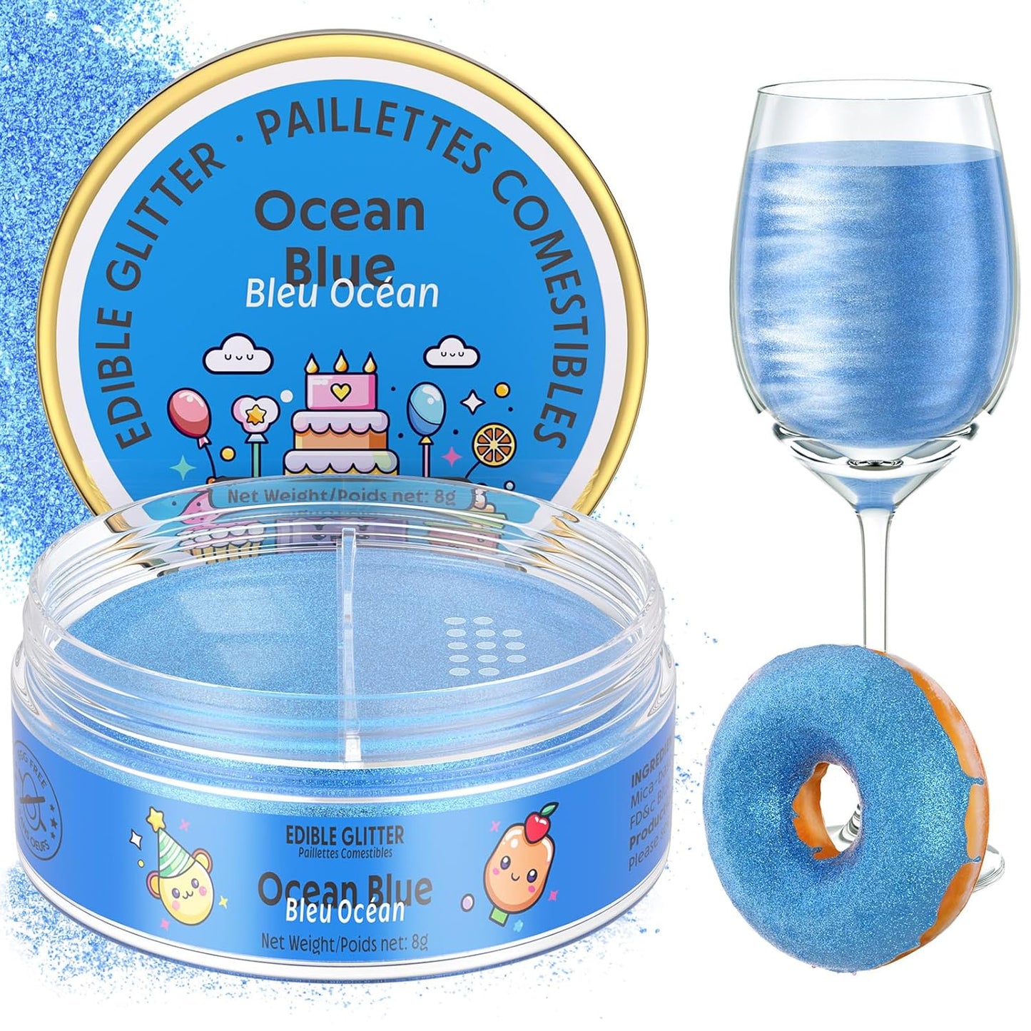 Nomeca Edible Glitter for Drinks Cakes, 8 grams Food Grade Luster Dust Sprinkles Glitter for Cake Decorations, DIY Cocktails, Beverages & Cake Decorating, Dessert Cake Topper (9-Ocean Blue)