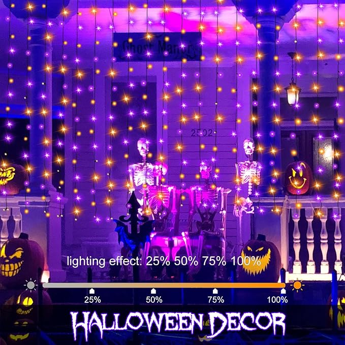 Halloween Battery Curtain Lights Purple Orange - Image 2