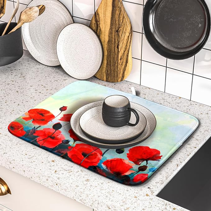 Red Poppy Dish Drying Mat for Kitchen Counter - Image 5