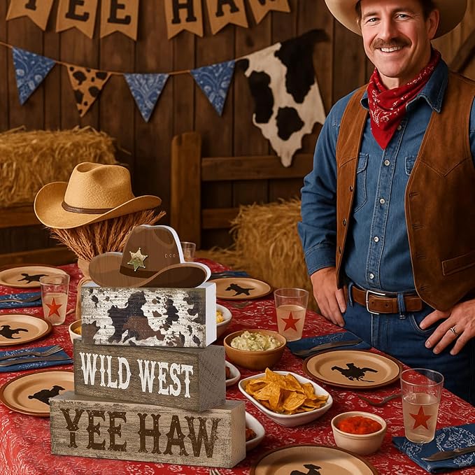 Yuntau 4 Pcs Western Tiered Tray Decorations Set Cowboy Hat Stack Block Signs - Image 4