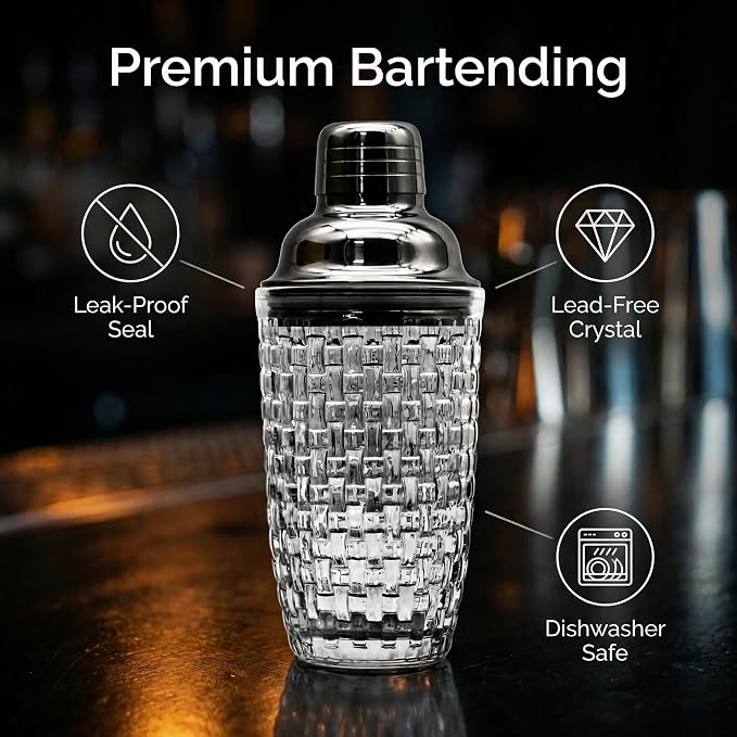 15oz Woven Embossed Glass Cocktail Shaker | Leakproof, Stainless Lid, Upgrated - Image 6