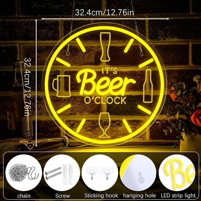 Beer Neon Sign Bar Neon Sign for Wall Decor, LED Dimmable It's Beer O'Clock - Image 2