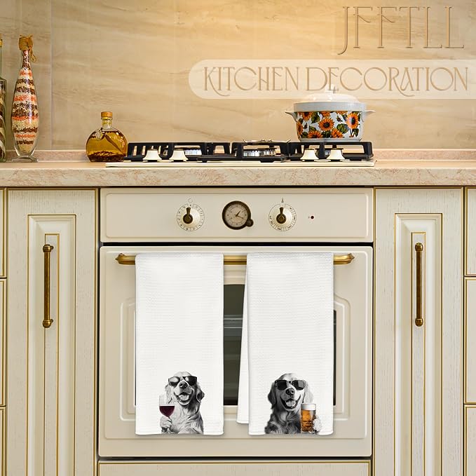 Funny Golden Retriever Kitchen Towels Set of 2, Funny Kitchen Decor, Wine - Image 3