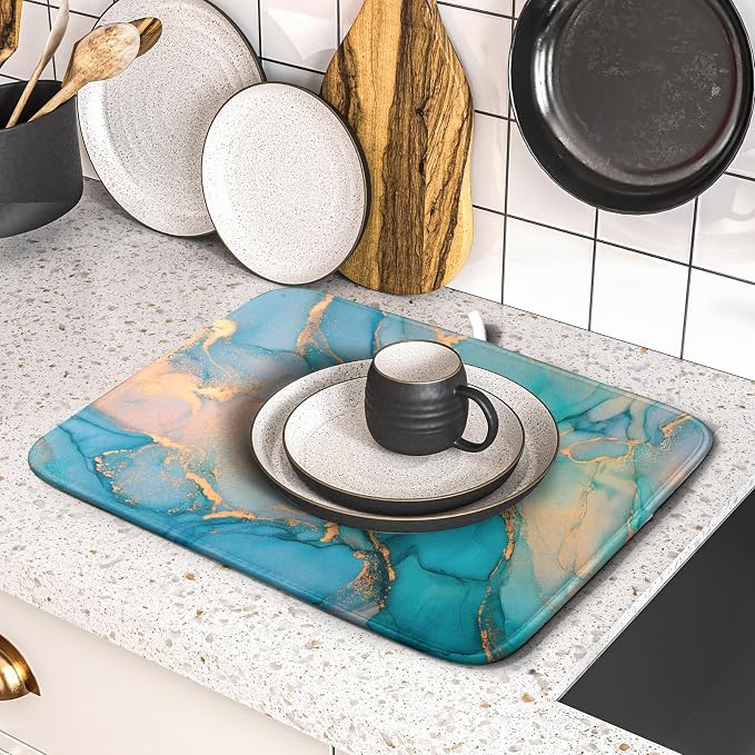 Marble Dish Drying Mat for Kitchen Counter Blue Teal Turquoise Gold Drying Mat - Image 5