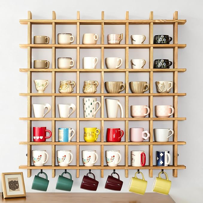 Oversize Coffee Mug Display Rack, 41 x 41 Inch Wooden Mug Shelf by Sicrifety