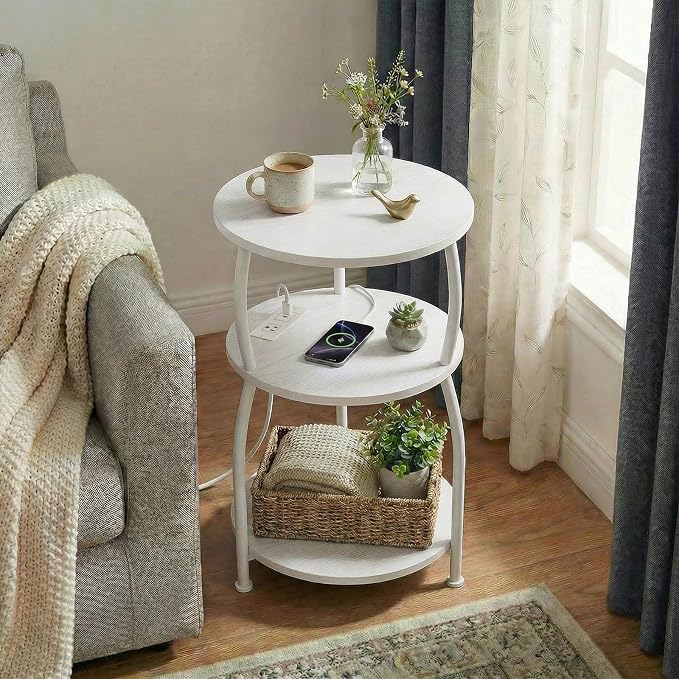 Round Side Table with Power Outlet & USB Ports, 3-Tier End Table with Storage - Image 4