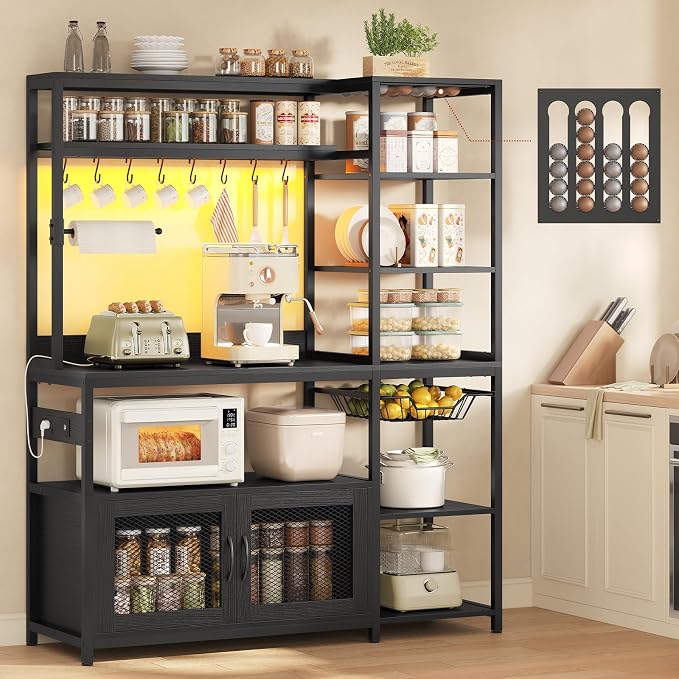 47.2 in Bakers Rack with Power Outlet & LED Light, Coffee Bar with Coffee Pod by UPOSOJAWishesYouaNiceDay