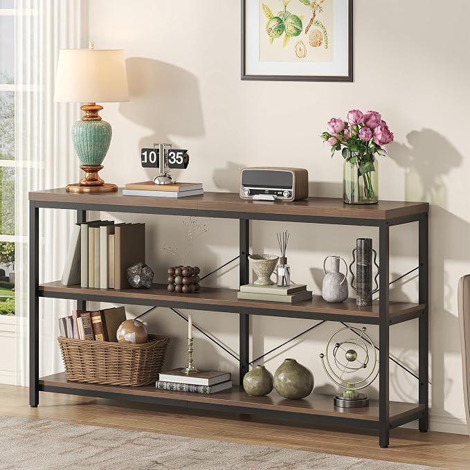 3-Tier Industrial Bookshelf, Wide Wood Horizontal Bookcase, Open Large Book by Semoic