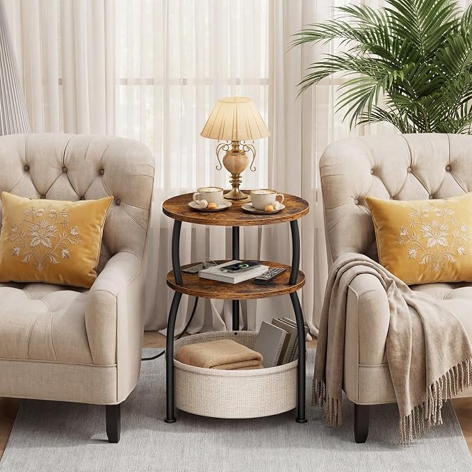 Round Side Table with Charging Station, USB Type C Port, 3 Tiers Sofa Couch - Image 6