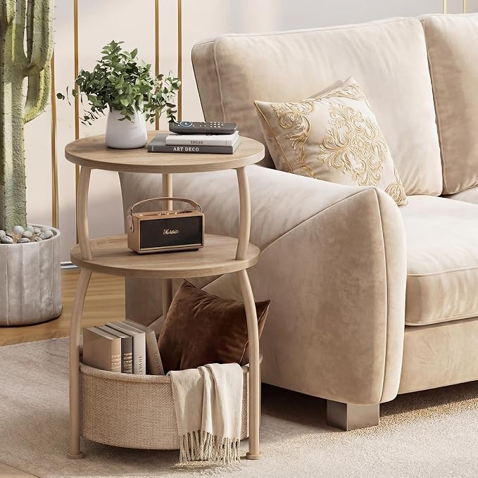 Round Side Table with Storage Basket, End Table Living Room | 3-Tier Bedside - Image 6