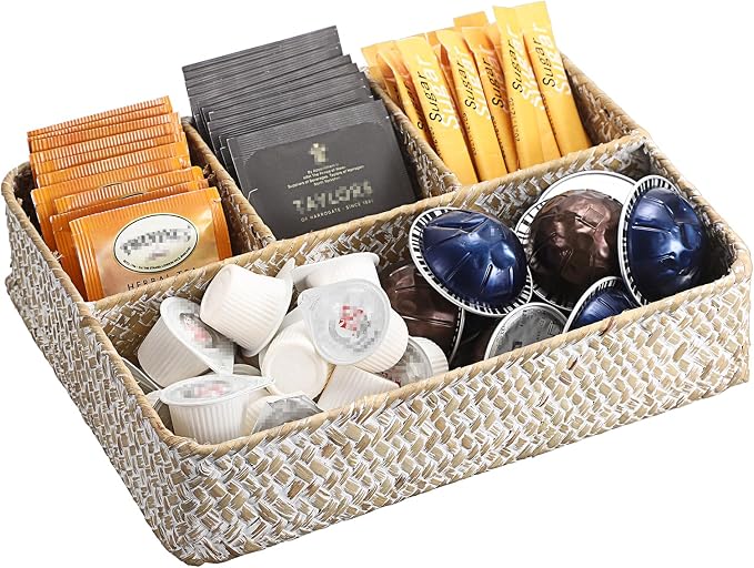 Hipiwe 4-Section Tea Bag Basket Organizer Coffee Pod Sugar Packet Holder Wicker - Image 8