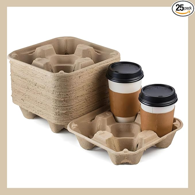 4-Compartment Drink Carrier, 8–32 oz No-Spill Biodegradable Eco-Friendly Tray by Pokanic%C2%AE