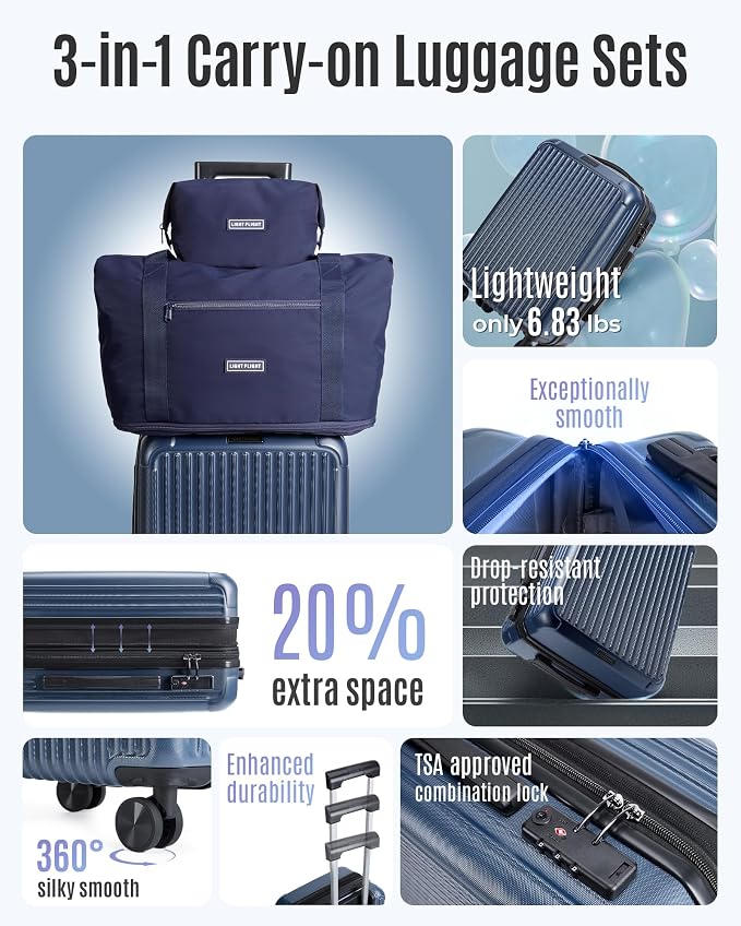 LIGHT FLIGHT 3-Piece Luggage Sets, Expandable Carry On Luggage 22x14x9 Airline - Image 2