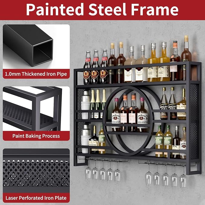 Boshen 3-Tiers 47in Wine Rack Wall Mounted, Floating Bar Shelves - Image 3