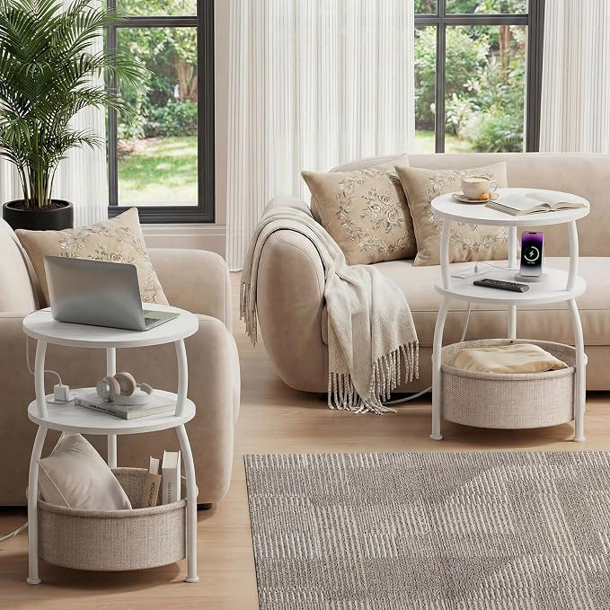 Round Side Table with Charging Station, USB Type C Port, Tall Side Table - Image 7