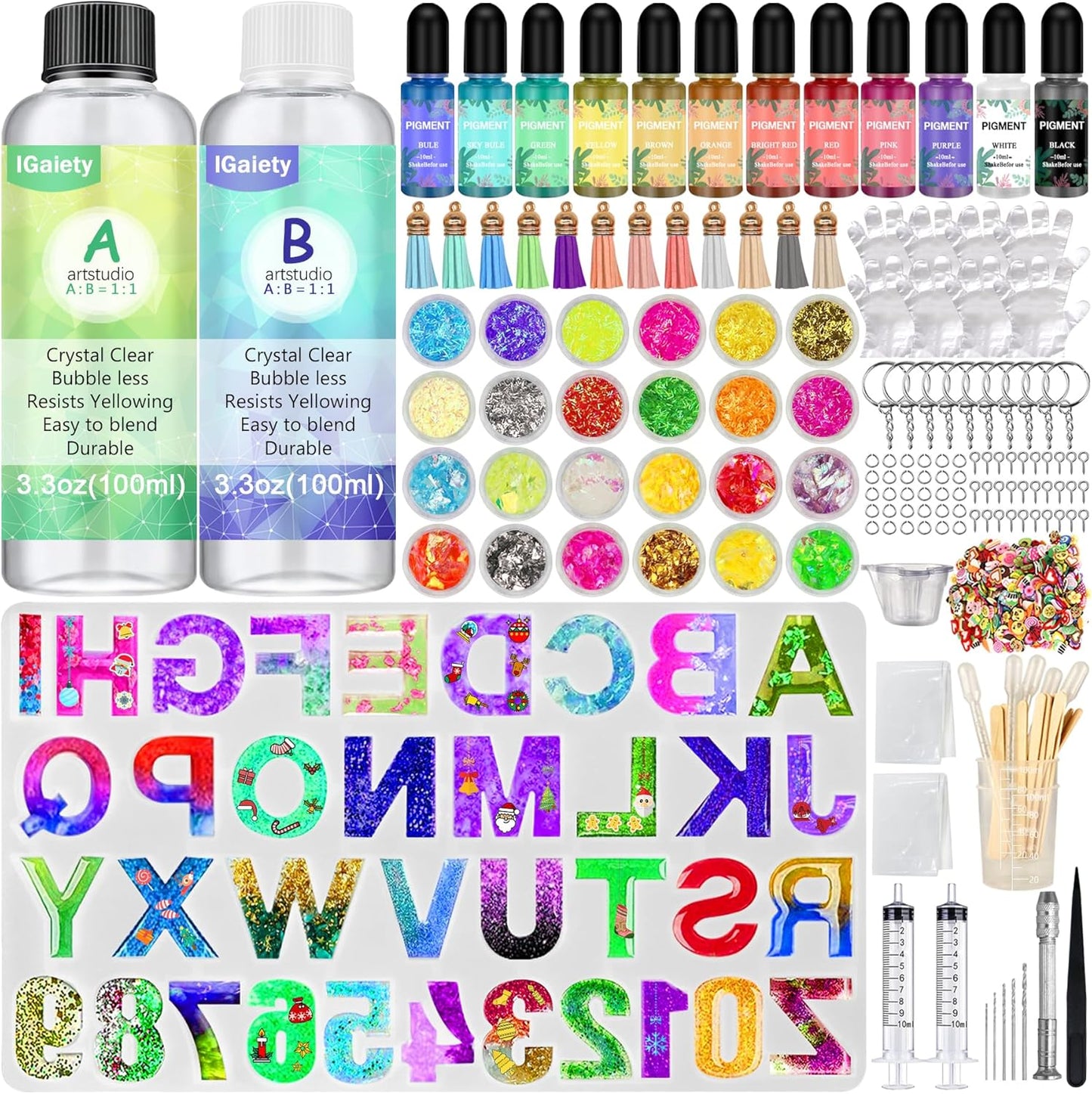 IGaiety Resin Alphabet Mold Starter Kit 169 Pcs Letter Silicone Keychain Molds Reversed Backward Number Molds with Epoxy Resin Pigments Tools for Beginners Adults Jewelry Pendant
