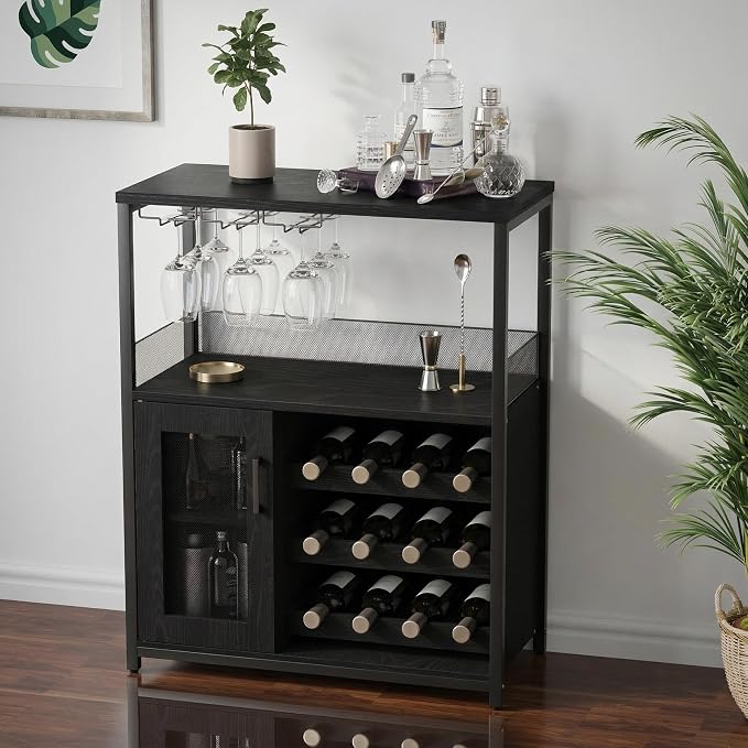 Wine Bar Cabinet, 3-Tier Removable wine rack cabinet glass holder, Mesh door by IDEALHOUSE