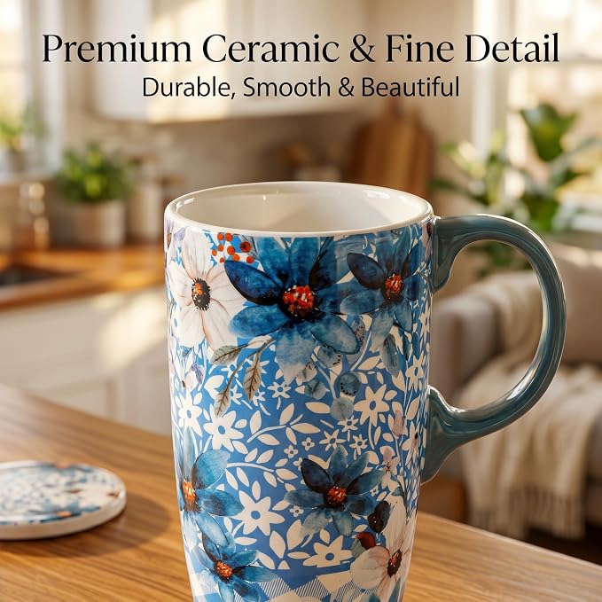 Topadorn Blue Floral Ceramic Travel Mug - Image 4