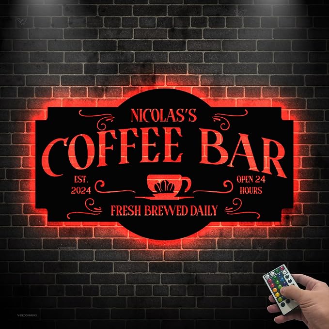 Personalized Coffee Bar Metal Wall Art LED Lights, Coffee Time LED Custom Name - Image 3