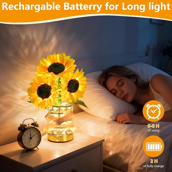 Handmade Sunflower Lamp, Rechargeable Cordless Touch Table Lamp, 3-Colour - Image 4