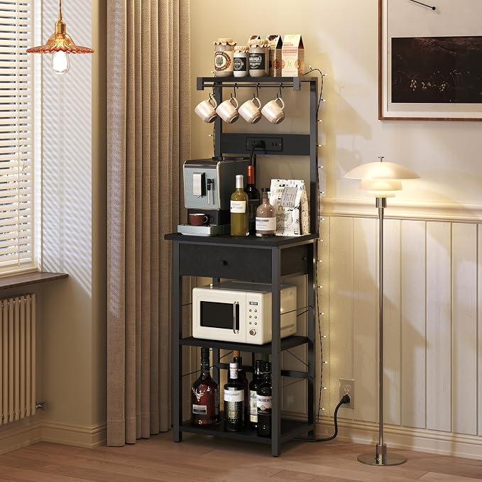 MAHANCRIS Bakers Rack with Drawer, Microwave Stand with Power Outlet, Coffee - Image 2