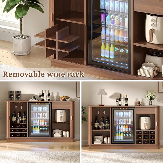 Coffee Bar Cabinet with Fridge Space, Liquor Wine Bar Cabinets with Wine Rack - Image 5
