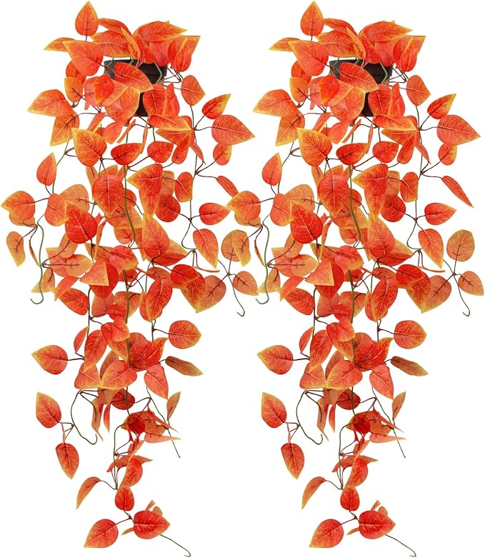 2 Pack Artificial Fall Plants Hanging Orange Vines Potted Fall Foliage Fake by Unknown