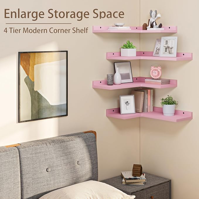 4 Tier Floating Corner Shelves Pink Set of 4, Rustic Pine Wooden Floating - Image 5