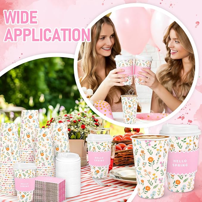 Whaline 50 Set Spring Floral Disposable Coffee Cups - Image 7