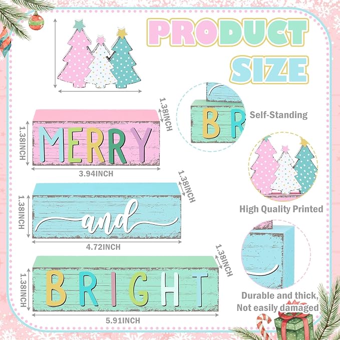 Geelin 4 Pcs Christmas Tree Table Sign Pastel Candy Color Wooden Decorations - Image 4