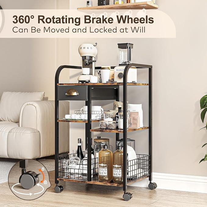 keomaisyto Coffee Cart with Storage Drawer, Coffee Bar Cabinet with Wheels - Image 3