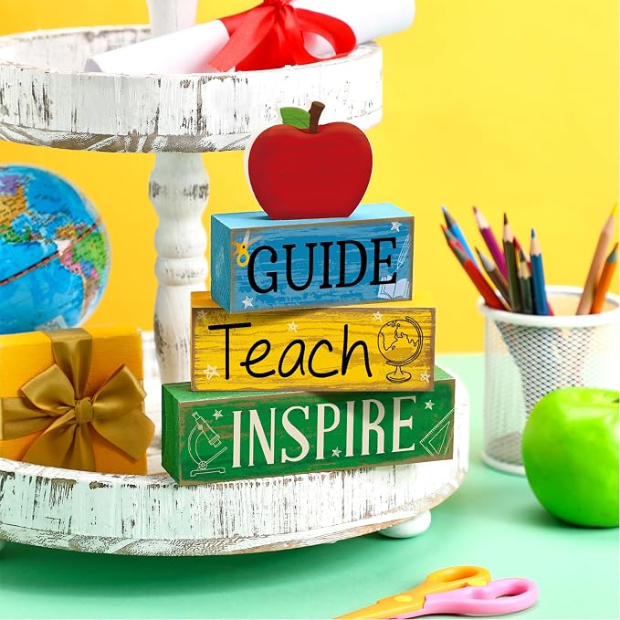 Yuntau 4 Pcs Teacher Appreciation Gift Wooden Apple Table Decoration Guide - Image 2