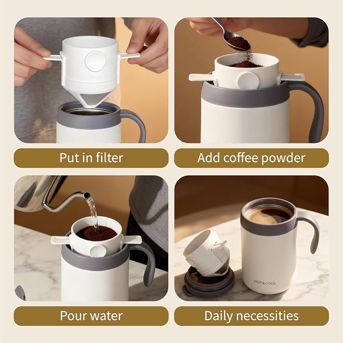 Pour Over Coffee Maker Set 16oz Stainless Steel Insulated Mug Foldable Filter - Image 4