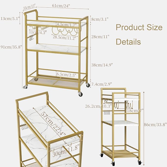 3 Tier Bar Cart, Small Beverage Cart, Mini Bar Cart - Image 8