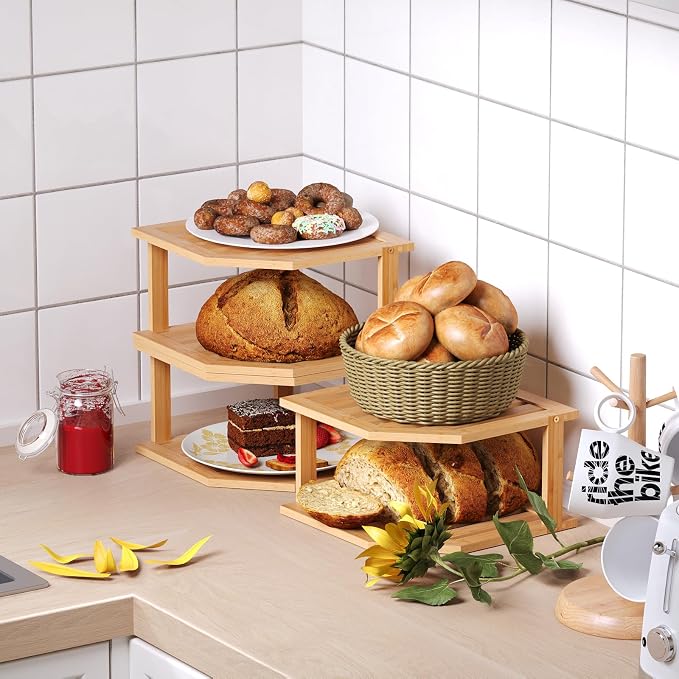 VERTORGAN Bamboo Corner Shelf, 2 Tier Plate Organizer - Image 4