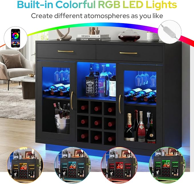 knoworld Wine Bar Cabinet with LED Lights, Coffee Bar Cabinet with Glass Rack - Image 4