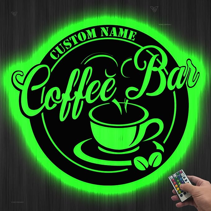 Coffee Bar Metal Wall Art LED Lights, Café Lover LED Custom Name Sign by HANZSPROUT
