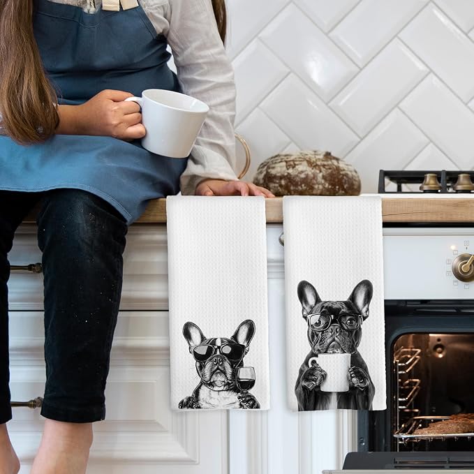 Funny French Bulldog Kitchen Towels Set of 2, Coffee Station Wine Bar Decor - Image 3