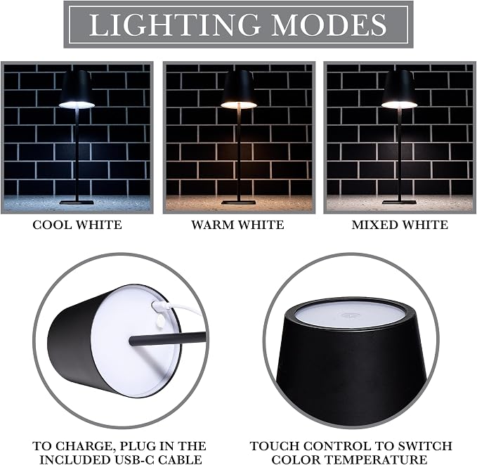 Cordless Portable LED Table Lamp, Rechargeable Battery Desk lamp, 3 Different - Image 3